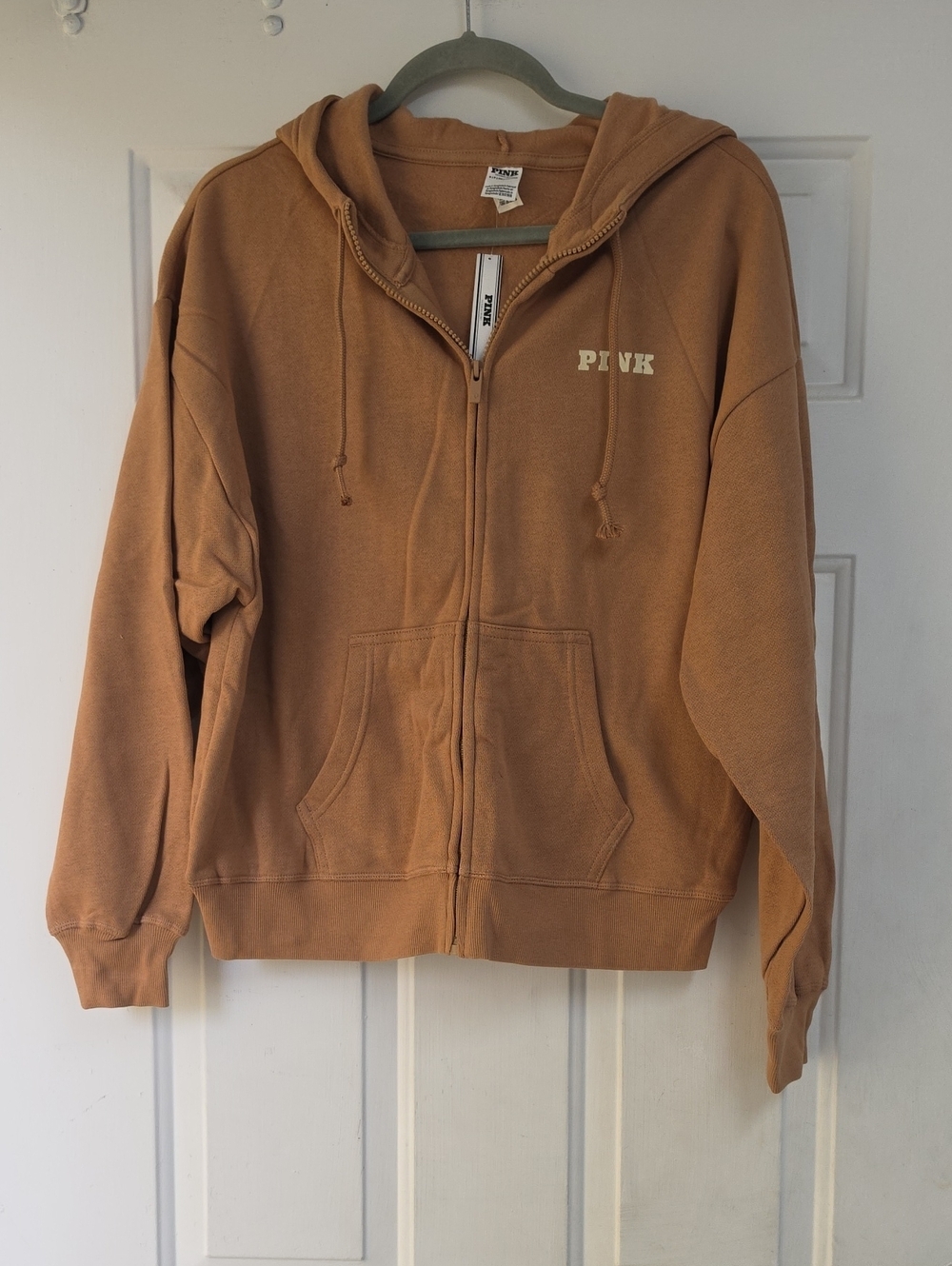 This is a Victoria's Secret PINK Campus Fleece Full Zip Hoodie in a brown toffee